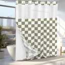 Tititex No Hooks Snap in Liner Beige Sage Green Checkerboard Shower Curtain Sets, Hotel Luxury Grid Double Layers Waterproof Fabric & See-Through Top Window Bathroom Decorative 72x72 Inch