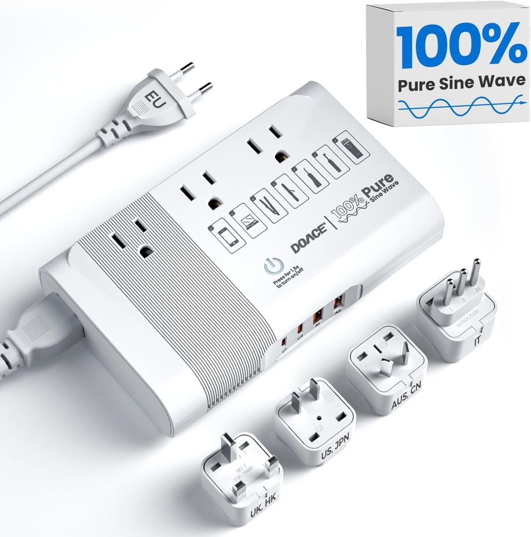 [Game-Changer] DOACE 500W Max 220V to 110V Converter, 50Hz to 60Hz Voltage Converter for European Travel, 100% Pure Sine Wave Power Converter US to Europe for CPAP Hair Straightener Laptop Cell Phone (White)