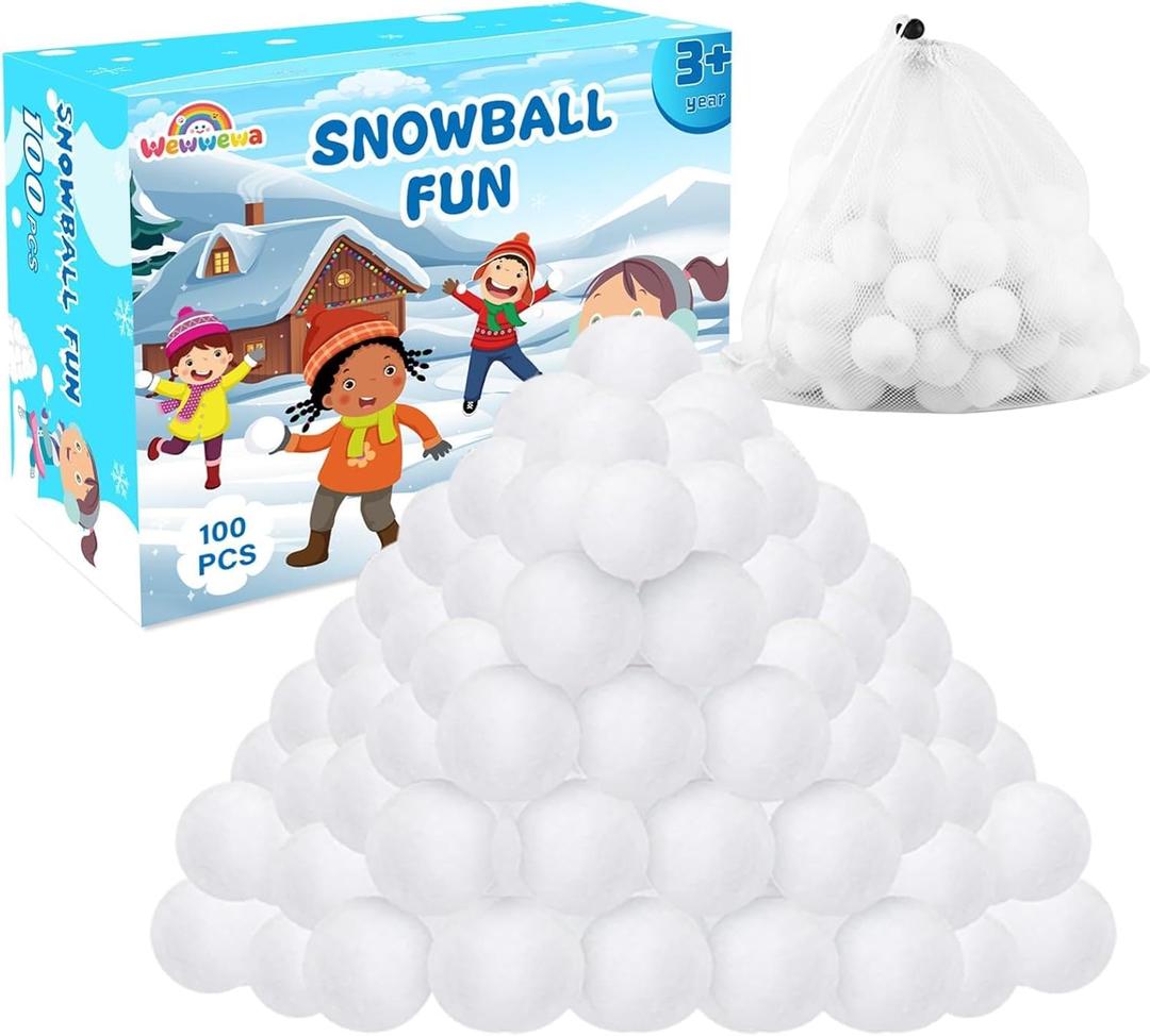 100 Pcs Fake Snowballs Fight Set: Soft Artificial Snow Balls with Drawstring Bag for Kids and Adults, Indoor Outdoor Snow Toys, Christmas Games, Party Favors, Winter Wonderland Decor Gifts