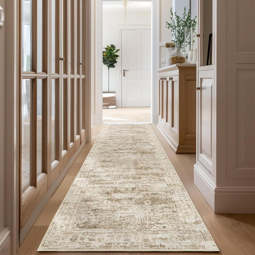 Long Bathroom Rugs Runner - Washable Rug for Hallway 2x10, Ultra-Thin Soft Kitchen Carpet Runner, Anti Slip Backing Runner Rugs for Entrance, Bedroom, Living Room (2'x10', Brown/Ivory)
