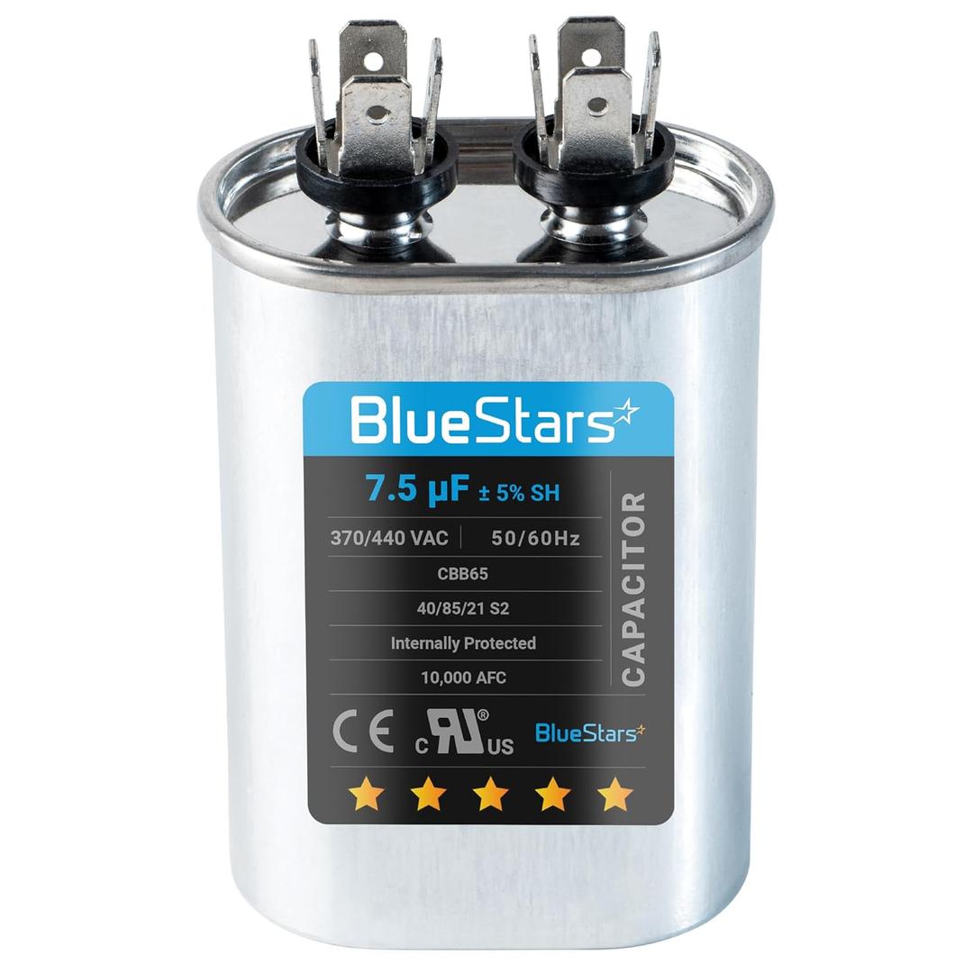 BlueStars [2025 Updated] 7.5 uF  5% MFD 370 or 440 Oval Run Capacitor CBB65 50/60 Hz TP-CAP-80/5/440R - Exact fit for Condenser Straight Cool & Heat Pump Air Conditioner