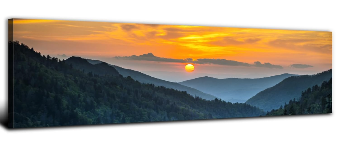Sunset Mountain Canvas Wall Art for Living Room Nature Wall Decor Smoky Blue Ridge Mountain Landscape Picture Prints Painting National Park Poster Misty Forest Scenic Artwork Office Decorations 14x48”
