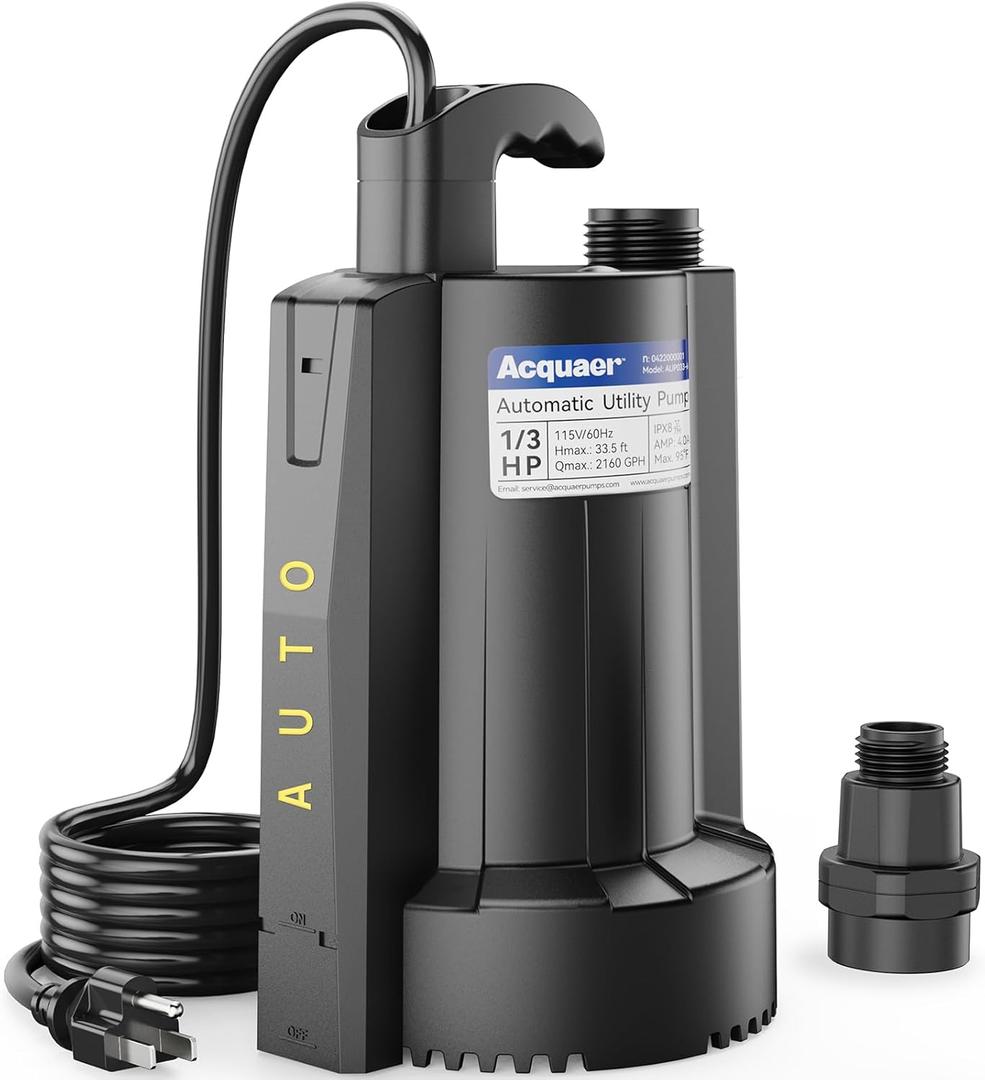 Acquaer 1/3 HP Automatic Submersible Water Sump Pump, 115V with 3/4” Garden Hose Check Valve Adapter,2160 GPH High Flow Water Removal for Swimming Pool Cover Hot Tubs Flooded House Basement