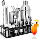 Cocktail Shaker Set, 23-Piece Stainless Steel Bartender Kit with Acrylic Stand & Cocktail Recipes Booklet, Professional Bar Tools for Drink Mixing, Home, Bar, Party (Include 4 Whiskey Stones) (Sliver)