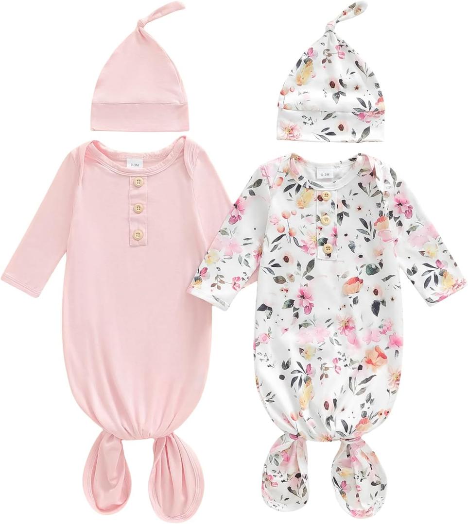 woshilaocai 2 Pack Baby Boy Girl Gown Sleeper Newborn Knotted Nightgown and Hat Set Infant Sleepwear (0-3 Months, Floral & Pink)