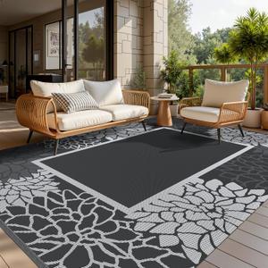 COCOER Floral Outdoor Rug 5x8 Reversible-Waterproof Patio Rug-Quick Dry Outdoor Carpet-Outdoor Area Rugs Indoor Outdoor Rugs-Outside Rug Patio Decor for Porch Deck Balcony Backyard (Blackwhite)