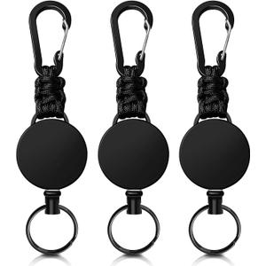 Retractable Keychain 3 Pack Heavy Duty Carabiner Badge Holder Extendable Badge Reel ID Holder Key Ring with 60 cm Steel Retractable Cord and Paracord (Black)