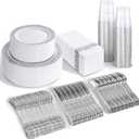 bUCLA 350PCS Silver Plastic Dinnerware Set - Silver Plates Disposable Lace Design for 50 Guests Include 100 Plates,50 Forks,50 Knives,50 Spoons,50Cups,50 Napkins,Ideal for Party,Wedding&Christmas