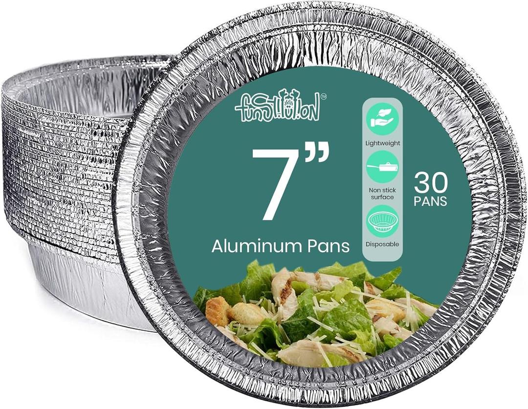 FUNSTITUTION Round Disposable Aluminum Pie Pans (30 Pack) - 7 Inch Disposable Pie Pans - Round Aluminum Foil Pans For Baking, Grilling, Cooking, Storing, Prepping