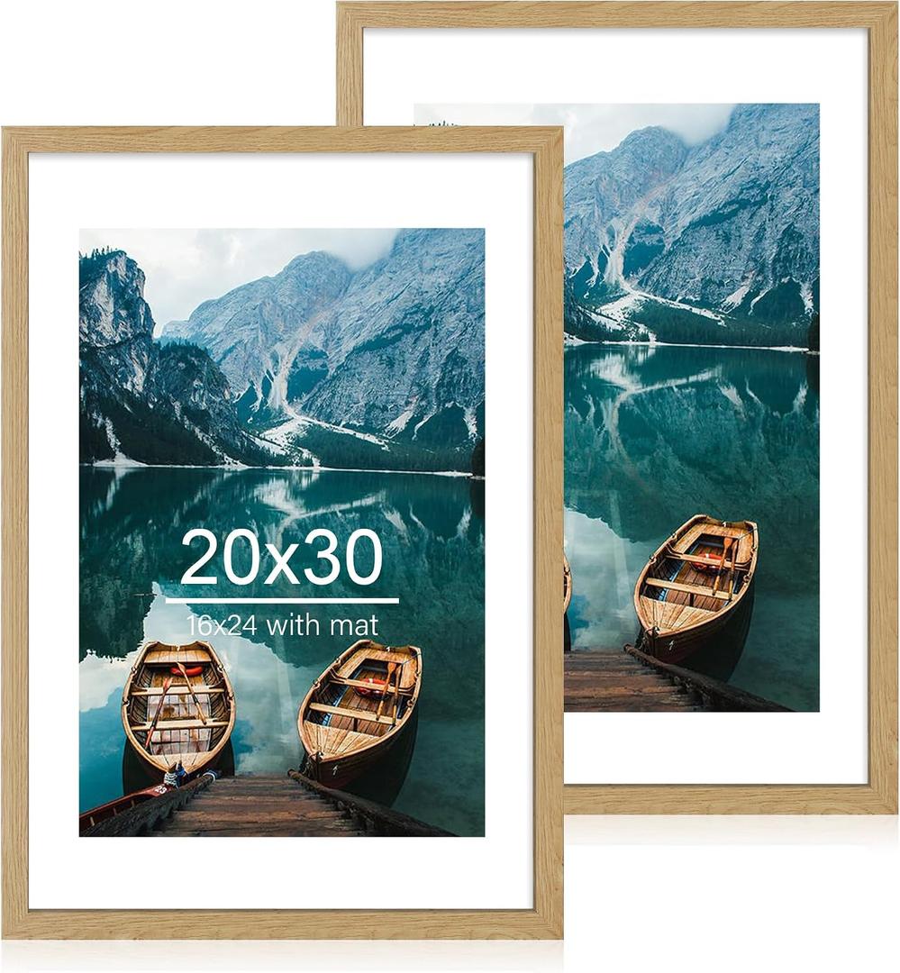 Hongkee 20x30 Frame Set of 2, Natural Oak Wood Style - Display 16x24 Picture with Mat or 20 x 30 Poster without Mat, Wall Mounting Horizontal and Vertical