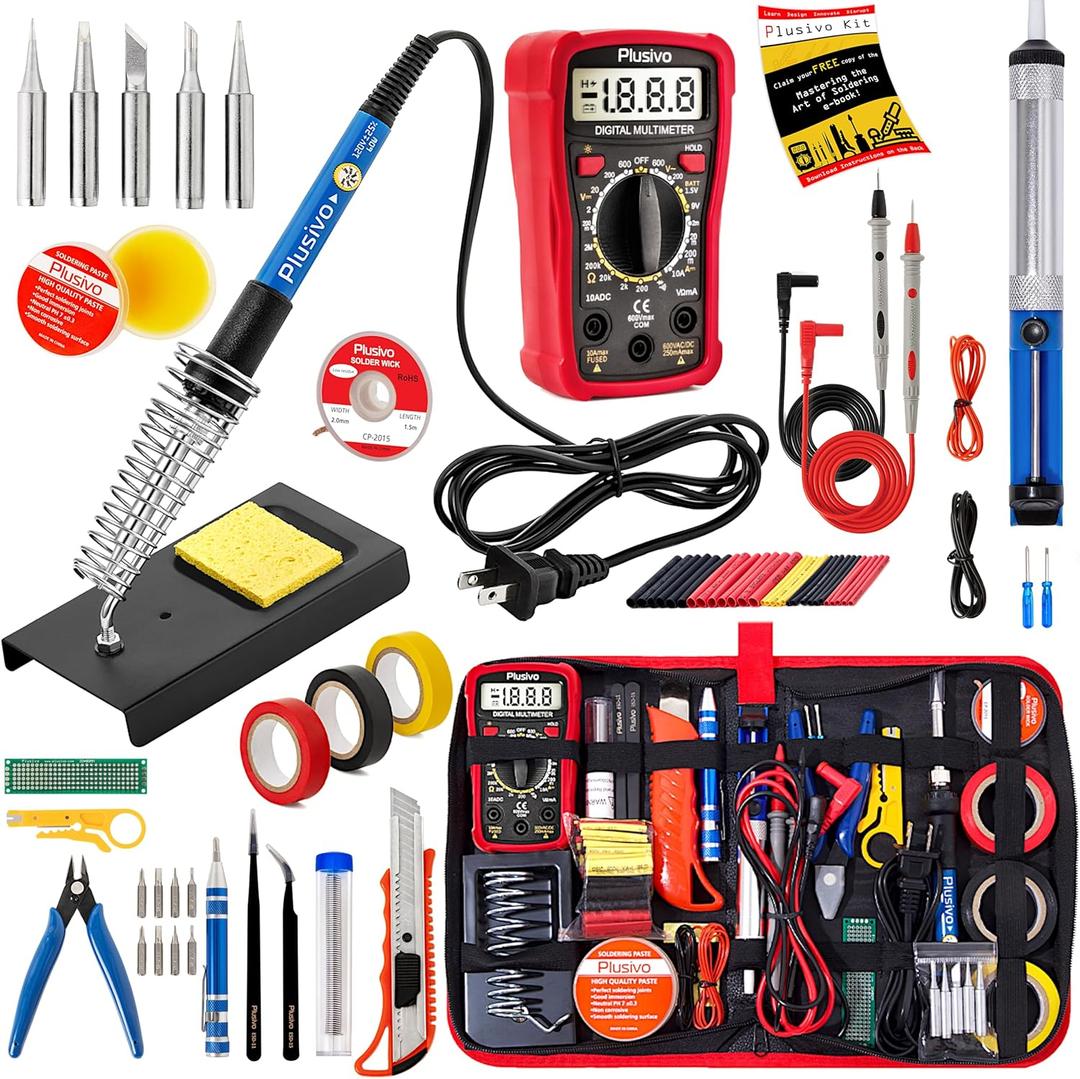 Soldering Iron Kit, 60W Soldering Iron Adjustable Temperature 30-in-1, 5 Solder Tips, Digital Multimeter, Solder Wire, Paste, Desoldering Pump, Tweezers for Electronics Hobby Enthusiast 110V US Plug