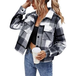Binshre Womens Cropped Plaid Shacket Flannel Long Sleeve Button Down Jackets Coat for Women (Medium)