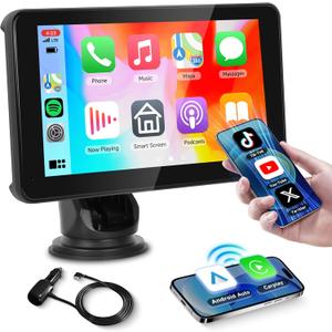 Portable Car Stereo Wireless Carplay Screen Android Auto Screen, Rimoody 7 Inch Touch Screen Portable Carplay Screen with Bluetooth FM Transmitter Mirror Link Voice control AUX Cable