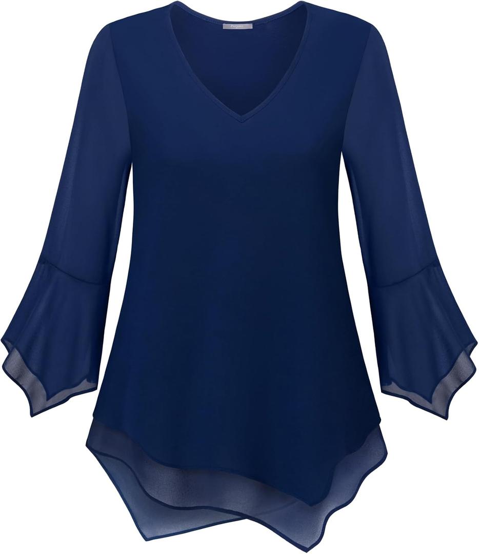 Furnex Blouses for Women Dressy Casual 3/4 Ruffle Sleeve V Neck Chiffon Double Layers Business Casual Tops for Women (XX-Large, Deep Blue)