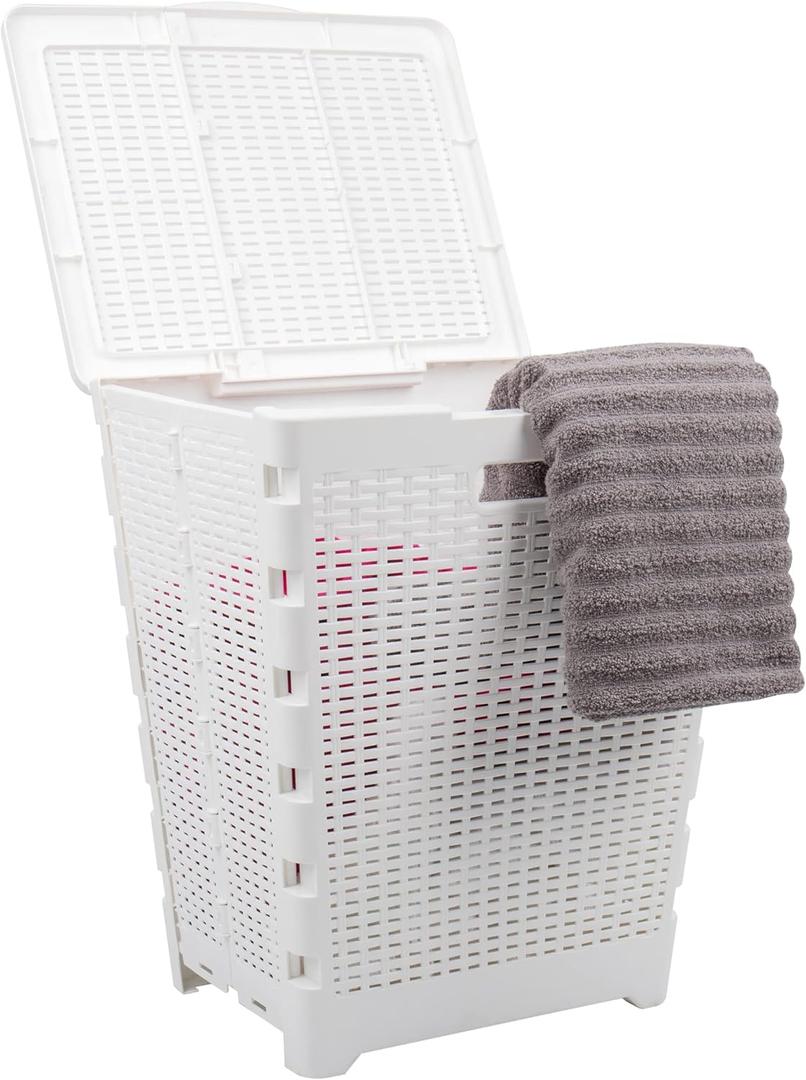 Mind Reader 61L Foldable Laundry Hamper, Clothes Basket, Lid, Wicker Design, Plastic, 18"L x 14.5"W x 21.25"H, White