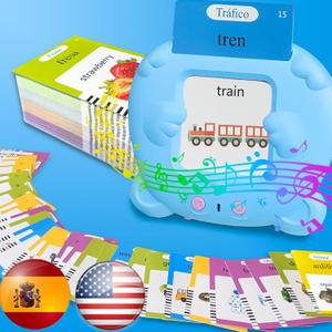 English Flash Cards Bilingual - Spanish Talking Flash Cards for Kids, Pocket Speech for Toddlers 3-12, 510 Sight Words of 31 Varieties, Sensory Toys Children with Autism (Spanish, Blue)