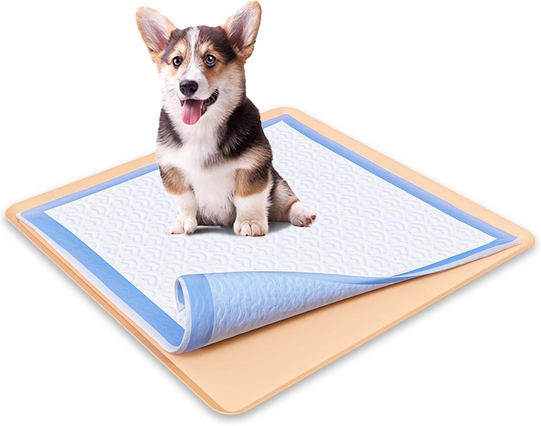 Skywin TidyFriend Dog Pee Pad Holder Tray - Fits Up to 24 x 24 Pee Pad Holder for Dogs - Stable Grip, Raised Edges, Quick-Wipe Silicone Surface Dog Pad Holder for Indoor Flooring Protection (Beige) (1 Pack)