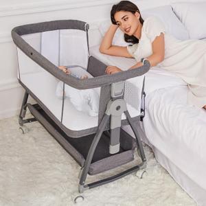 Jixrolyn 3 in 1 Baby Bassinet Bedside Sleeper, Height Adjustable Bedside Bassinet for Newborn and Infant with Mattress, Storage Basket, and Wheels (Grey), Crib