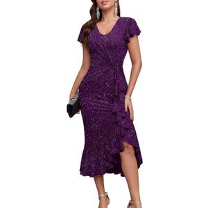 Women Sparkly Dresses Wedding Cocktail Party Ruffle Sleeves Ruched Wrap Sparkly Glitter Dress (Purple, M)