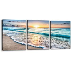Pacimo 3 Panels Beach Canvas Wall Art for Home Decor Blue Sea Sunset White Beach Painting The Picture Print on Canvas Seascape The Pictures for Home Decor Decoration Ready to Hang - 12" x 16" x 3