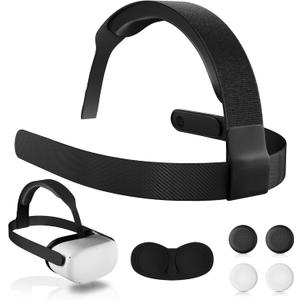 Head Strap for 0culus Quest 2 Headset, Adjustable VR Head Strap with 4 Controller Thumb Grip Caps - White (Black)