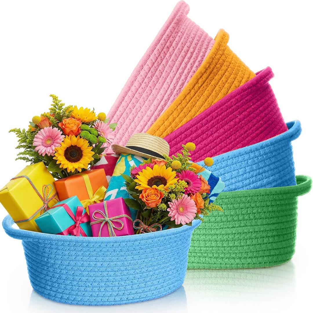 LemonRoad 5 Pcs Small Cotton Rope Woven Basket with Handles 9 x 6 x 5 Inches Empty Summer Party Gifts Basket Cute Storage Organizer Bin for Bedroom Home Decor, Blue, Green, Pink, Orange, Rose Red