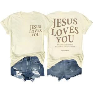 Christian T Shirts for Women Jesus Loves You Shirt Faith Religious Cross Floral Graphic T-Shirt Bible Verse Tee Tops (M)