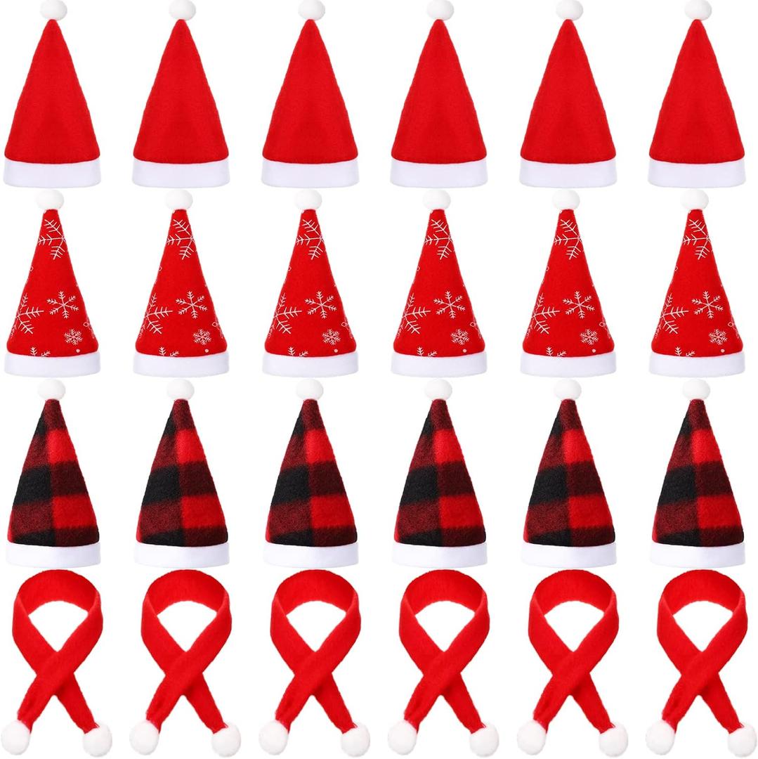 SATINIOR 24 Pcs Mini Christmas Santa Hats Scarf Bulk Small Santa Claus Hats Silverware Holders for Christmas Craft Xmas Table Dinnerware