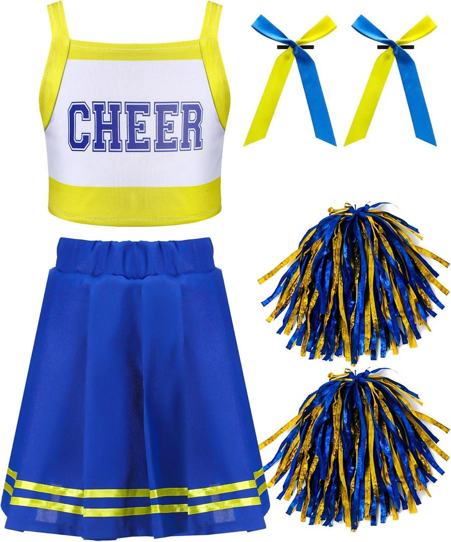 JenPen Cheerleader Dress for Kids Girls Outfit Crop Top Skirt with Bow Hair Rope and Ball Halloween Costume Set (Small)
