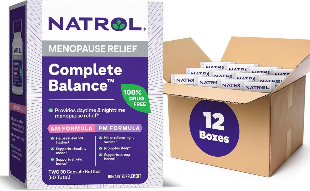 Natrol Complete Balance A.M./P.M. Supplement Helps Relieve Hot Flashes and Night Sweats, Complete Day and Night Menopause Support, Provides Mood Support, Hormone Free, 60 Count (Pack of 12)