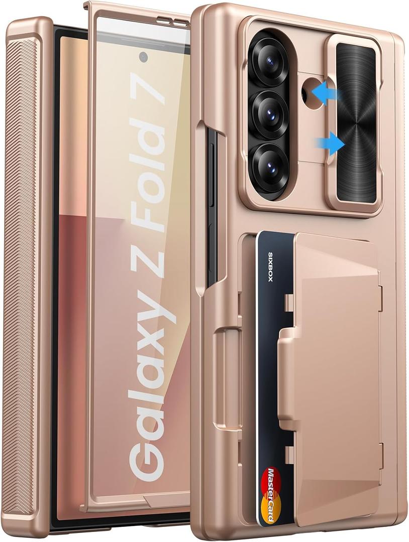 for Samsung Galaxy Z Fold 7 Case, Built-in Card Holder & Hinge Protection & Sliding Camera Lens Cover & Screen Protector, Rugged Heavy Duty Protective Phone Case for Z Fold 7 2025, Rose Gold