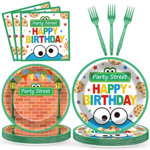 96Pcs Red Brick Wall Street Paper Plates and Napkins Street Theme Birthday Party Supplies Cookie Cartoon Friends Disposable Dinnerware Tableware Set for Kid Baby Shower Table Party Decoration Serve 24