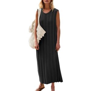 2 x Fisoew Women Summer Sleeveless Maxi Dress Scoop Neck Ribbed Knit Tank Dress (Black)