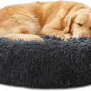 JOLLYVOGUE Calming Washable Dog Beds Large Sized Dog, 36Inch Donut Large Dog Bed with Removable Cover, Anti-Slip Round Fluffy Faux Fur Bed, Fits up to 80 lbs Pets, Dark Grey