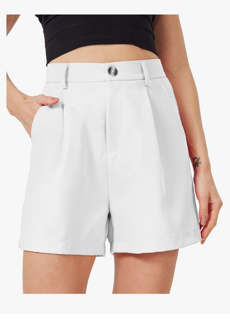 Women's Casual Pleated Dressy Business Work Shorts Elastic High Waisted Wide Leg with Pockets Size -Medium