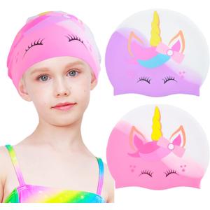 2 pcs Kids Swim Cap Silicone Swimming Cap for Boys Girls (Age 3-12) Cover Ears Waterproof Bathing Cap Keep Hair Dry Swimming Hat for Hair (Light Pink+Light Purple)