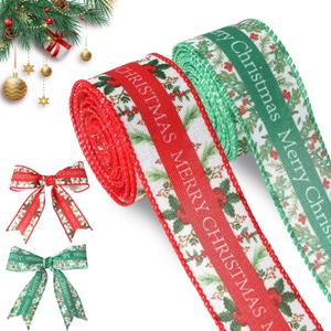 Merry Christmas Ribbon Wired Red and Green Christmas Ribbon 1 1/2 Inch Holiday Ribbons for Tree Wreath Bows Xmas Brulap Ribbons for Gift Wrapping DIY Crafts Party Home Decorations 10 Yard