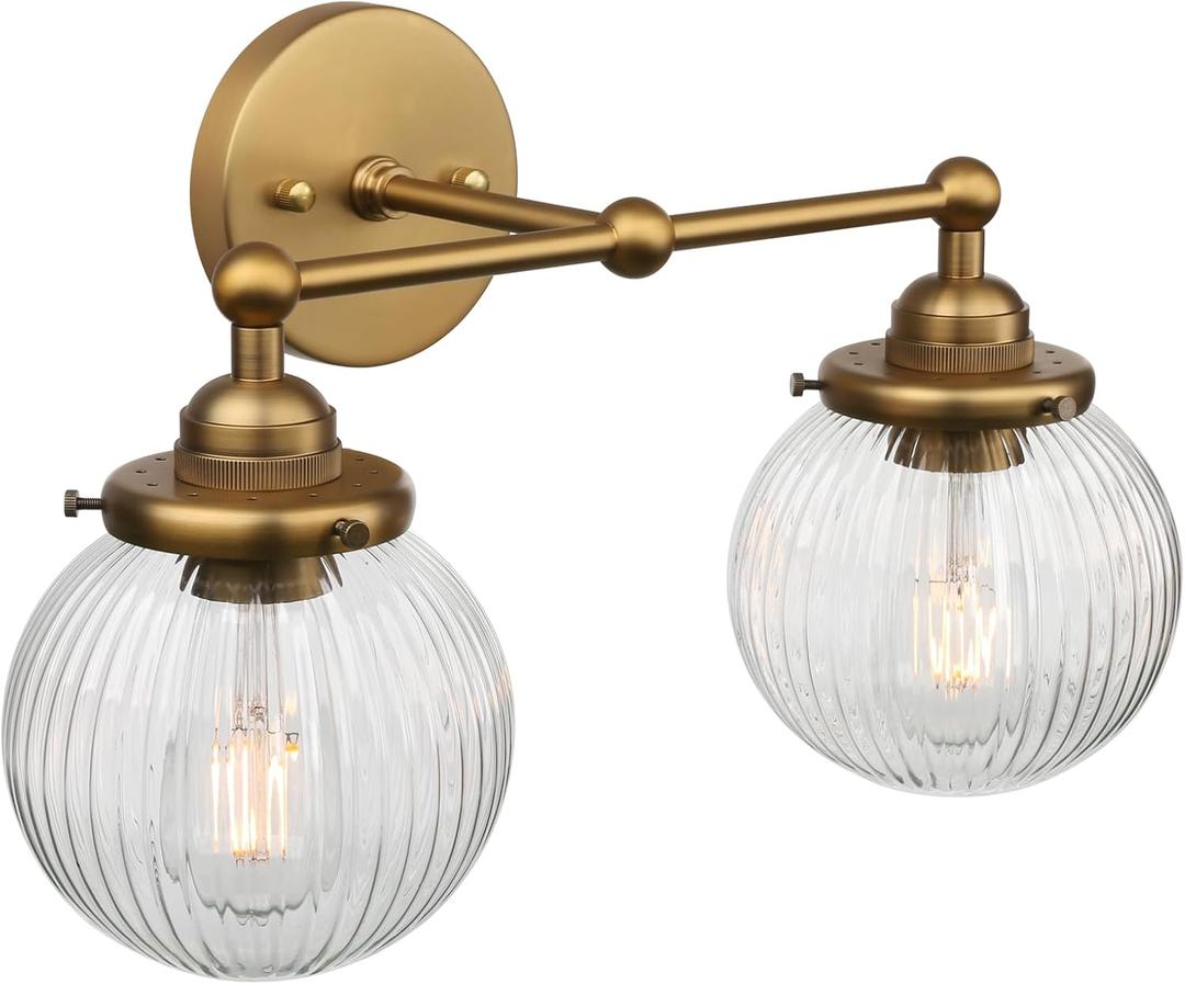 Yosoan 2-Light Indoor Boho Vanity Wall Sconce with Striped Round Glass, Brass Gold Modern Hardwired Vintage Industrial Wall Mount Farmhouse Retro Ribbed Shade for Bathroom Kitchen Bedroom(Antique), Large