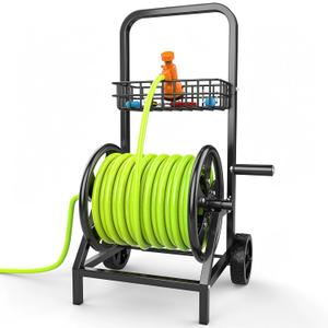 Garden Hose Reel Cart, Heavy Duty Hose Reel with Wheels, Hold Up to 200 ft of 1/2’’ Hose, Mobile Hose Reel Cart for Outside, Metal Water Hose Reel with Storage Basket for Backyard, Garden, Lawn