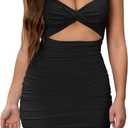 Mokoru Women's Sexy Sleeveless Cut Out Twist Bodycon Ruched Mini Club Party Dresses, Small, Black