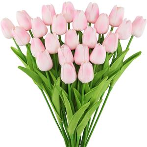 Fake Tulips Artificial Flowers with Stems - 24pcs Latex Real Touch Faux Tulips Arrangement Bouquet for Home Kitchen Wedding Decorations (Pink)