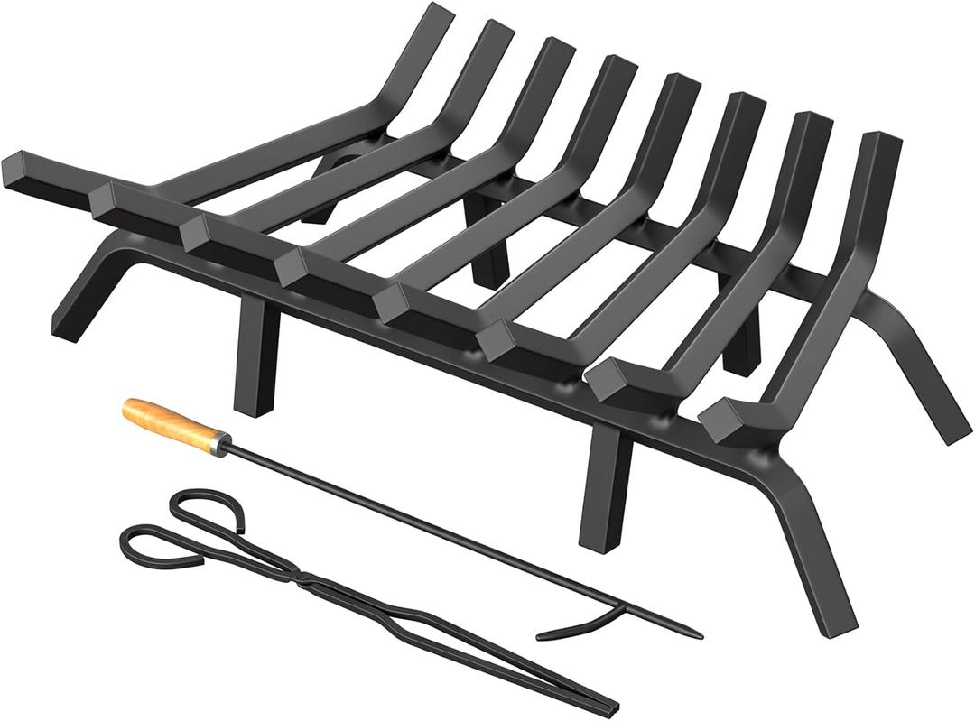 Jusgym Fireplace Grate 24 Inch with 8 Support Legs, Solid Steel Heavy Duty Fireplace Log Holder with Fire Log Tongs & Fire Poker, Fireplace Log Grate for Indoor Fireplace and Outdoor In-ground Firepit
