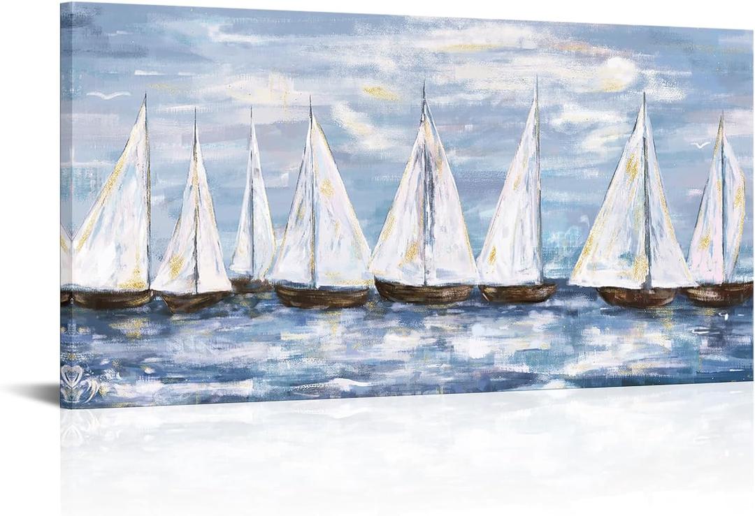 Visual Art Decor Nautical Decor Sailboat Painting Canvas Wall Art Prints Framed Blue Nautical Living Room Bedroom Decor 24x48 inch