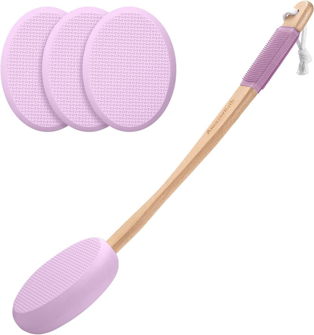 AmazerBath Lotion Applicator for Back, Feet, 4 Replaceable Pads with Long Handle, Back Sunscreen Applicator for Elderly, Women, Apply Cream Medicine Skin Cream Moisturizer Sunscreen Tanner, Purple
