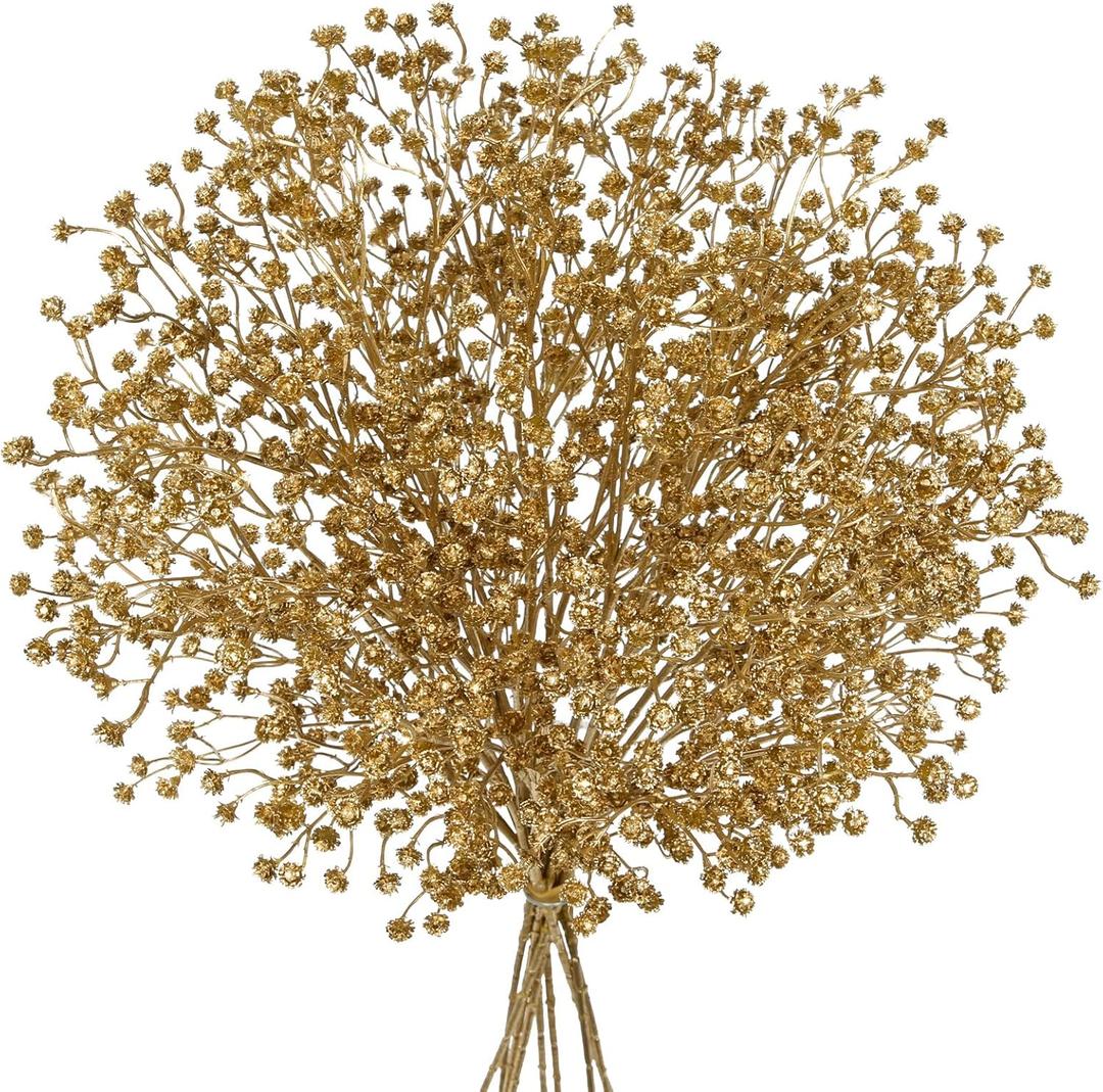 DILATATA 10 Pack Gold Baby's Breath Artificial Flowers Bulk 3 Branches Faux Baby Breath Plastic Flowers Fake Gypsophila Flower Arrangement Fake Flowers Bouquet for Wedding Home Decor