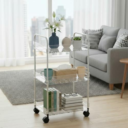 Betoveren 3 Tier Utility Rolling Cart with Wheels Multifunctional Storage Cart Clear Movable Storage Organizer with Handle and Hooks for Home Kitchen Office Bathroom Organization Transparent