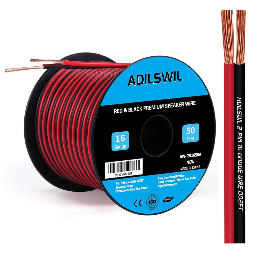 16AWG 50FT Speaker Wire, 2 Conductors Electrical Red Black Cable Hookup LED Lighting Strips Flexible Wire Extension Cord 16 Gauge Copper Clad Aluminum Copper Wire 12V/24V DC Cable