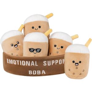 Emotional Support Boba Plush Set, 5 Soft Squishy Toys Stuffed Animal with Carrying Basket, Funny Cute Cuddly for Boba Lovers, Inspirational Motivational Encouragement Gifts for Women Men