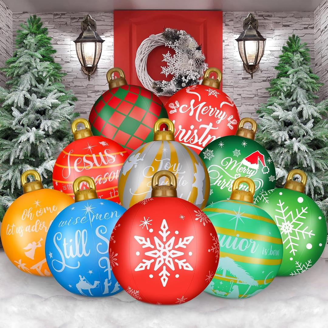 Jetec 32 Inch Giant PVC Inflatable Christmas Ball Ornaments Large Xmas Blow Ball Decorations Inflatables Outdoor Holiday Decorations Christmas Blow up Yard Decor(10 Pcs,Joy World)