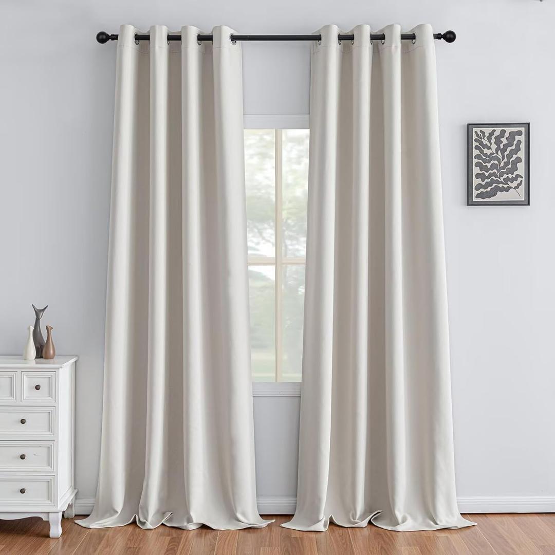 IGEMAEVE Greyish White Curtains 96 Inch Length 2 Panels Set, Light Filtering Curtains for Living Room 96 Inch Long, Grommet Energy Saving Semi Sheer Drapes for Bedroom Window(W52 x L96)